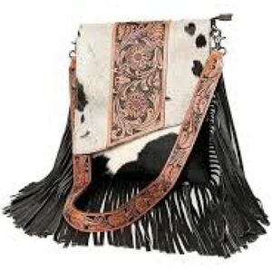 American Darling Black and White Fringe Crossbody with Tooled Tan Strap